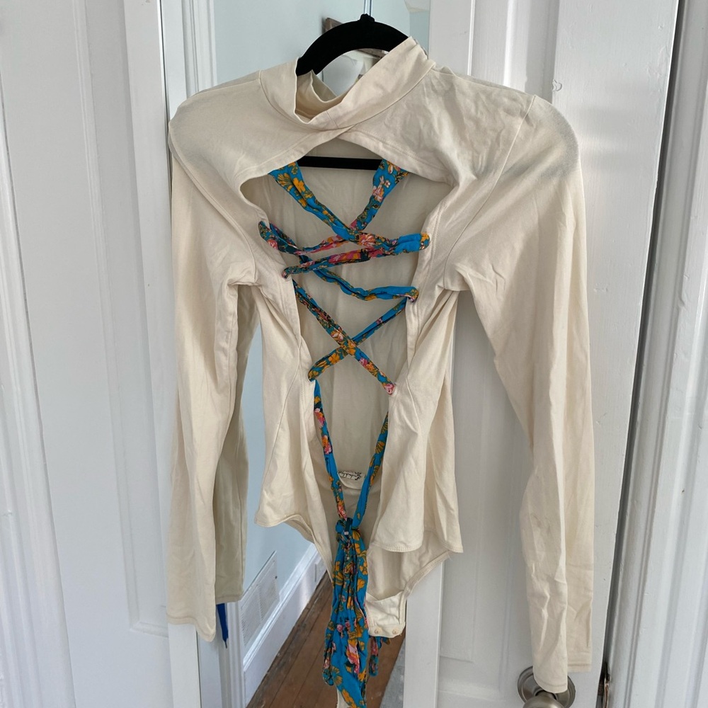 Free People Cream Green Long Sleeve Cut Out bodysuit